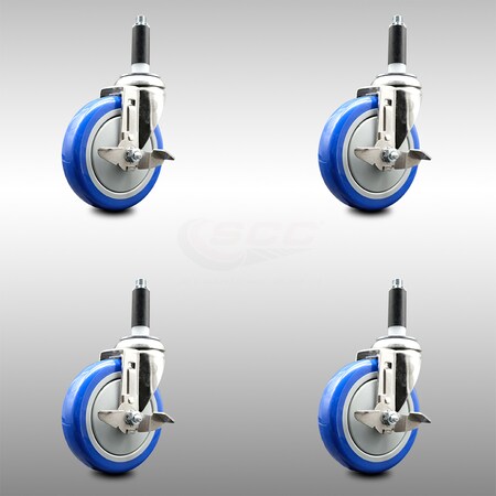 Service Caster 5 Inch 316SS Blue Poly Swivel 3/4 Inch Expanding Stem Caster Set Brake SCC SCC-SS316EX20S514-PPUB-BLUE-TLB-34-4